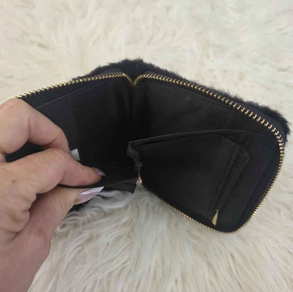 Claire's Black Gold Square Zip Around Elegant Faux Fur Wallet Clutch Purse